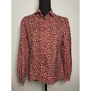 Vtg Women's Button Up Blouse Pleated Puff Shoulders Burgundy Floral‎ Print